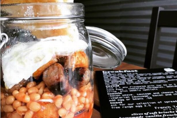 A fried breakfast served in a jar