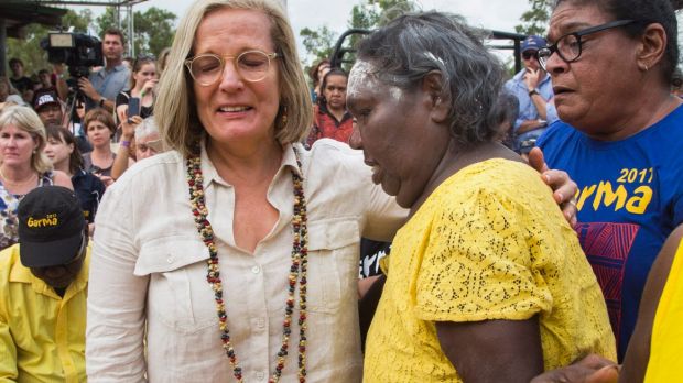 Lucy Turnbull embraces Eunice Yunupingu, Aunty to recently deceased Dr G Yunupingu during the Garma Festival in ...