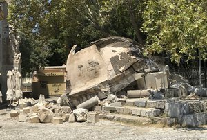 A damaged structure sits on the ground after an earthquake in Kos on the island of Kos, Greece Friday, July 21, 2017.