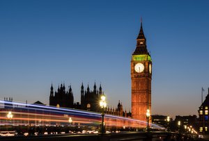 Big Ben at sunset with light trails on Westminster Bridge, London