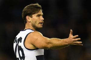 Frustrated: Geelong's Tom Hawkins will miss the crucial game against Richmond.