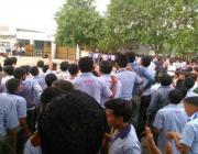 Temporary workers gathered at the Yamaha factory gate in NOIDA. June 2016.