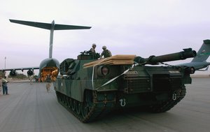 A U.S. Army M1A1 after being offloaded from a US Air Force C-17 at Balad Air Base, Iraq in 2004. Strategic mobility is the ability of the tanks of an armed force to arrive in a timely, cost effective, and synchronized fashion.