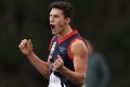 Sting in the tail: Sam Weideman of celebrates after kicking a goal for Casey against Footscray in the VFL qualifying final.