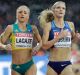 Genevieve LaCaze, United States' Emma Coburn and Kenya's Celliphine Chepteek Chespol cross the line.