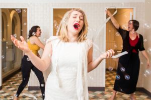 Sally Alrich-Smythe, Jessica Westcott and Britt Lewis in rehearsals for the Chamber Pot Opera, held in a women's ...