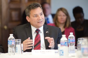 Guam Governor Eddie Calvo speaks to Agriculture Secretary Tom Vilsack in the Lincoln Room, of the United States