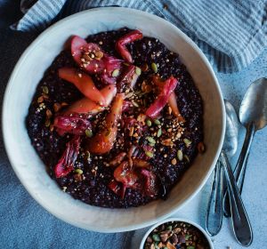 Black rice porridge with stewed fruit at Three Blue Ducks.