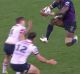 Melbourne's Suliasi Vunivalu leaps with his knees at the Roosters defenders.