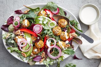 Healthy pumpkin and carrot rice ball salad