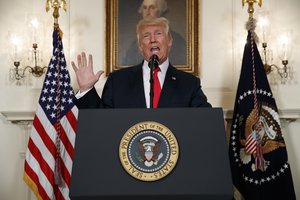 President Donald Trump speaks about the deadly white nationalist rally in Charlottesville, Va., in the Diplomatic Room of the White House, Monday, Aug. 14, 2017, in Washington. (AP Photo/Evan Vucci)