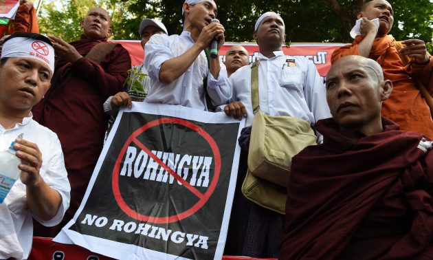 Supporters and monks belonging to the hardline Buddhist group Ma Ba Tha rally to the US embassy in Yangon on April 28, 2016.  
Photo: AFP/Romeo Gacad