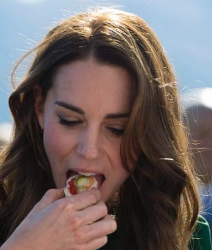 The Dutchess of Cambridge tries a piece of sushi during the taste of British Columbia event at Mission Hill Winery in ...