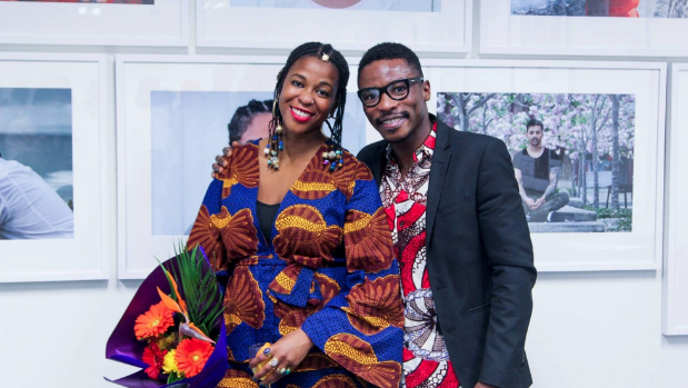 Founder and director of Afrika On My Sleeve, Makanaka Tuwe with Peter Lebae at the exhibition opening of 'I am Afrika on ...
