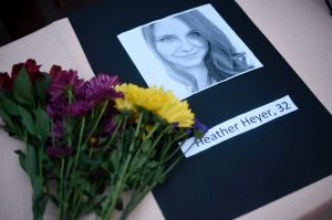 A portrait of Heather Heyer, who was killed when a vehicle drove through counter protestors in Charlottesville, Va., ...