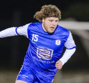 Belconnen United v Canberra Olympic. Olympic's Tom McLachlan and Belconnen United's Cameron Reinhart. Photo: Sitthixay ...