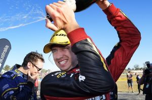 Chaz Mostert celebrates after winning the Ipswich SuperSprint.