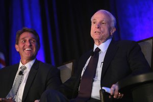 U.S. Senators Jeff Flake and John McCain speaking at the 2016 Arizona Manufacturing Summit at the Arizona Biltmore in Phoenix, Arizona