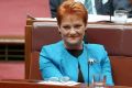 Senator Pauline Hanson during Question Time in the Senate. 