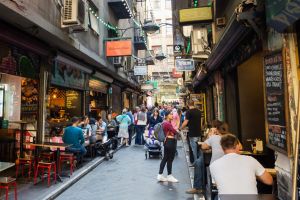 Melbourne, Australia - December 18, 2016: Degraves Street is a popular cafe and retail laneway between Flinders Street ...