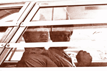 Crop of the cover of "Captive Nation." Photo of the Soledad Brothers being transported from court in 1970. Photo by Dan O'Neil.