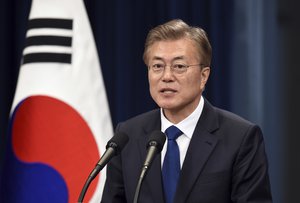 South Korea's new President Moon Jae-In speaks during a press conference at the presidential Blue House in Seoul Wednesday, May 10, 2017.