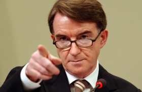European Union Commissioner for Trade Peter Mandelson, points to journalists at a media conference at the EU Commission ...