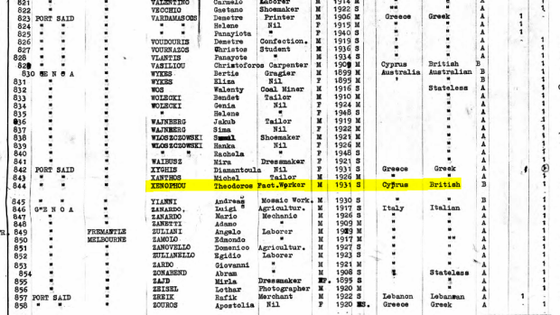 A travel log appears to show senator Nick Xenophon's father came to Australia on a British passport.