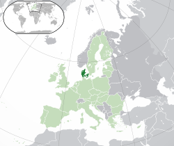 Location of Denmark proper[N 2] (dark green), in Europe (dark grey) and in the European Union (light green)