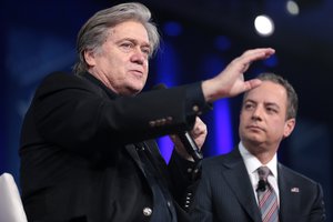 Chief White House Strategist Steve Bannon and Chief of Staff Reince Priebus speaking at the 2017 Conservative Political Action Conference (CPAC) in National Harbor, Maryland, 23 February 2017.