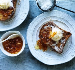 Caramel french toast with marmalade. 