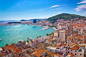 Split waterfront and Marjan hill aerial view, Dalmatia, Croatia.