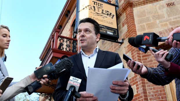 Nick Xenophon holds a press conference at the British Hotel, North Adelaide, on Saturday.