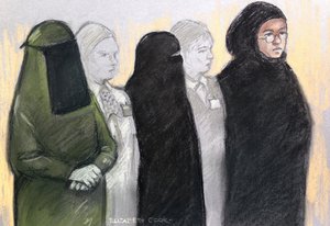 Court artist sketch by Elizabeth Cook of three women, Mina Dich, 43, left, Rizlaine Boular, 21, centre, and Khawla Barghouthi, 20, right, appearing at Westminster Magistrates Court in London charged with preparing a terrorist act and conspiracy to murder, Thursday May 11, 2017.