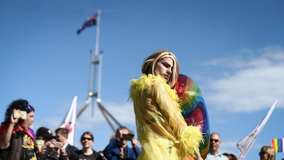 Supporter of marriage equality, Beau Kirq on the front lawn of Parliament House in Canberra on Monday 14 August 2017. ...