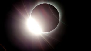 The moon almost totally eclipses the sun during a near total solar eclipse as seen from Salem, Oregon on Monday. 