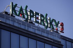 A sign above the headquarters of Kaspersky Lab in Moscow, Russia, on Monday, Jan. 30, 2017.