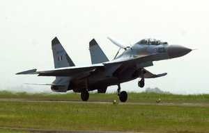 The Russian-made fighter Sukhoi Su-30 MKI takes off during an induction ceremony in to the Indian Air Force at the Indian Air Force base of Pune in the eastern Indian state of Maharastra Friday, Sept. 27, 2002.