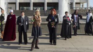 ?National Library of Australia staff in their Book Week costumes L-R: Candice Cappe (Ruby Red Shoes Rabbit), Vanessa ...