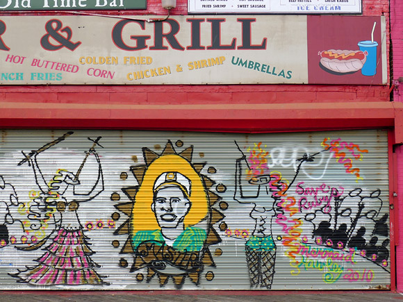 Coney Island and Brighton beach, southern Brooklyn, New York, United States with photos of the boardwalks, amusement park, pier, funfair rides, shopfronts and beach