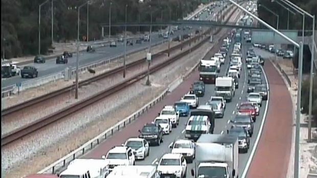 Southbound traffic is at a standstill near Ocean Reef Road on the Mitchell Freeway.