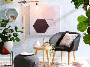 Supplied Real Estate SA Home mag: Kmart homewares, late summer, hexagon print, marble splice cushion, occasional chair