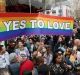 Supporters join a marriage equality rally in Melbourne on Saturday.