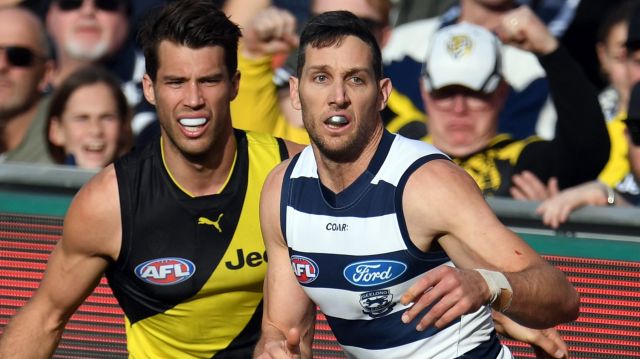 Alex Rance of the Tigers (left) and Harry Taylor of the Cats will face off again in two weeks time. 