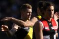 Final countdown: Jacob Townsend (left) after kicking a goal against St Kilda. Photo: AAP