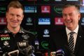 Nathan Buckley and Eddie McGuire were all smiles at Buckley's coaching reappointment press conference.
