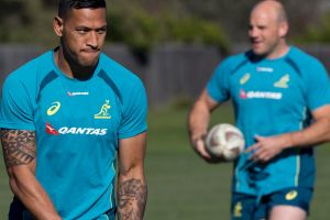 Wallabies fullback Israel Folau prepares to kick a ball during a training session in Christchurch.