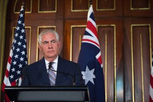 Secretary of State Rex W. Tillerson is addressed by a reporter during a press brief at the New South Wales Government House in Sydney, Australia, June 5, 201