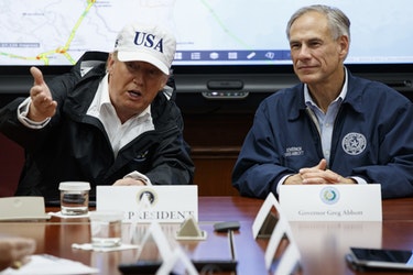 President Donald Trump, accompanied by Texas Gov. Greg Abbott, speaks during a briefing on Harvey relief efforts, Tuesday, Aug. 29, 2017, at the the Texas Department of Public Safety Emergency Operations Center in Austin, Texas.