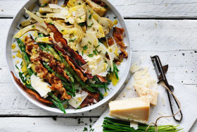 Crisp pancetta, artichoke and green bean salad